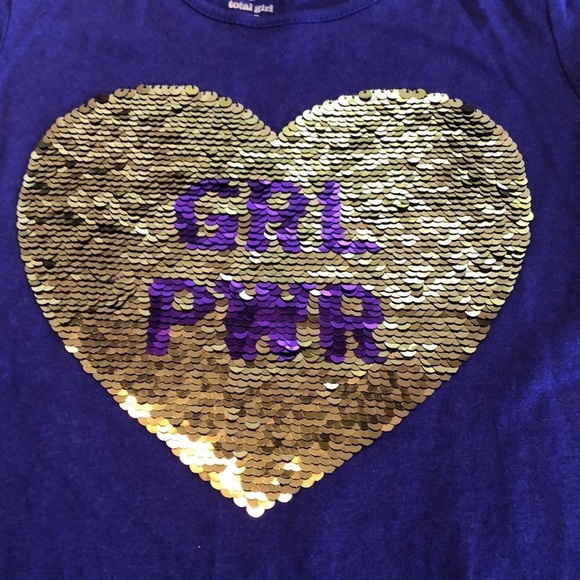 TG Total Girl Sequin Heart Purple Asymmetric Short Sleeve Top Girl Size M 5 EUC - Picture 8 of 10